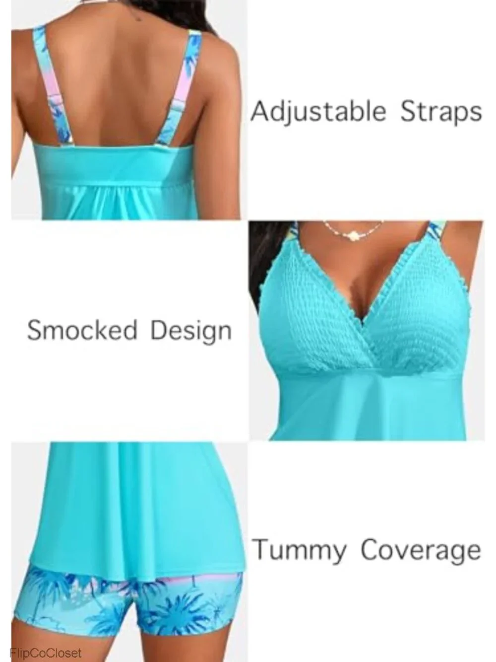 Women's Tankini Bathing Suit with Smocked V-Neck Top and Board Shorts, High